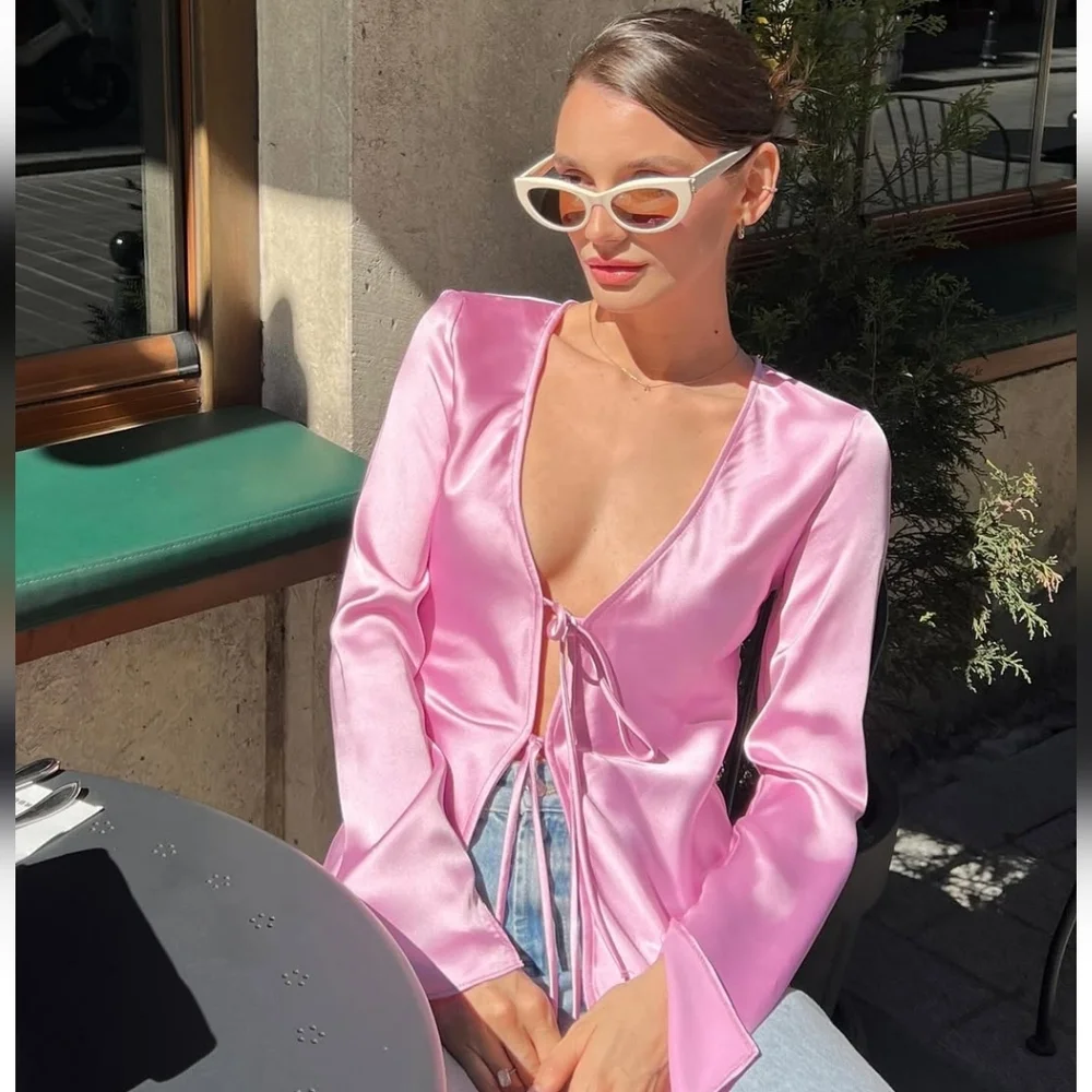 Zara Pink Satin Tie-Front Top Size XXL